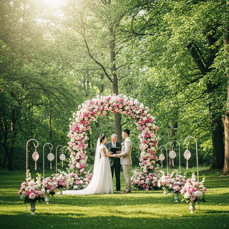 คู่บ่าวสาวชาวเอเชียในพิธีแต่งงานกลางแจ้งใต้ซุ้มดอกไม้สวยงาม